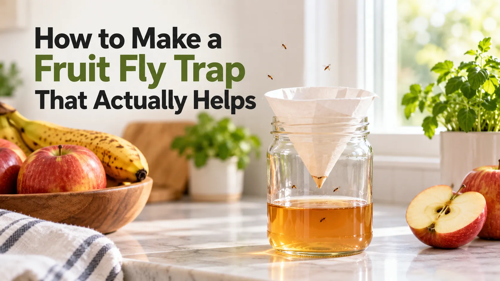 A homemade fruit fly trap made from a jar and paper funnel with apple cider vinegar on a kitchen counter, with the article title How to Make a Fruit Fly Trap That Actually Helps